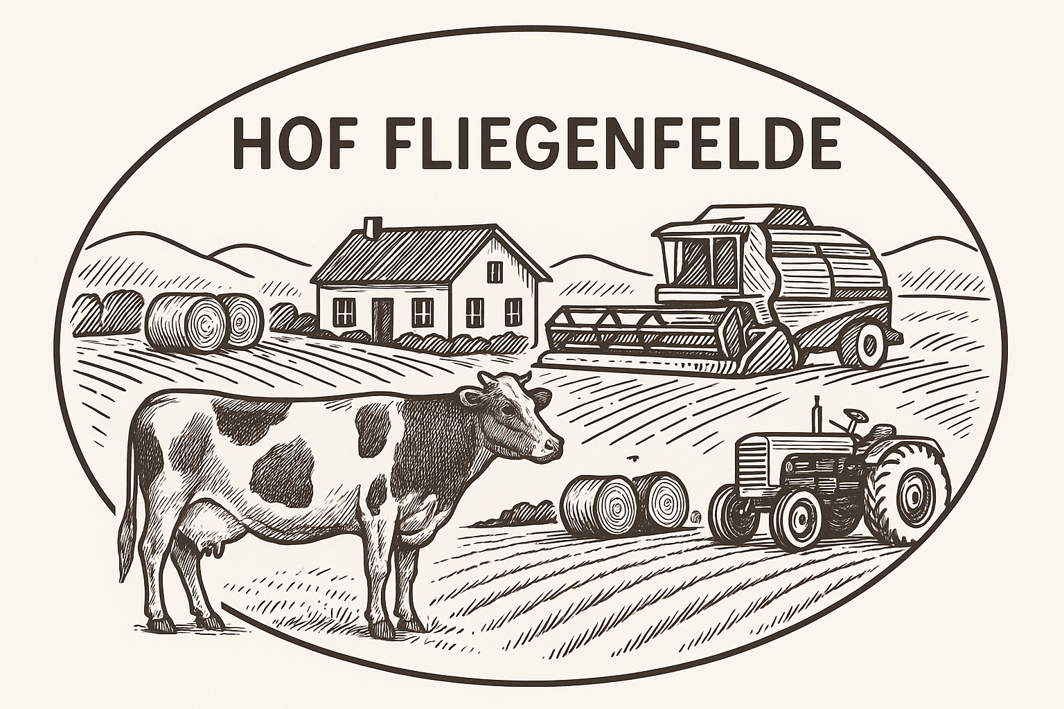 Logo Hof Fliegenfelde, sichtbar sind gezeichnet ein Haus, eine Kuh, ein Traktor, ein Mähdrescher, ein Feld und zwei Heuballen
