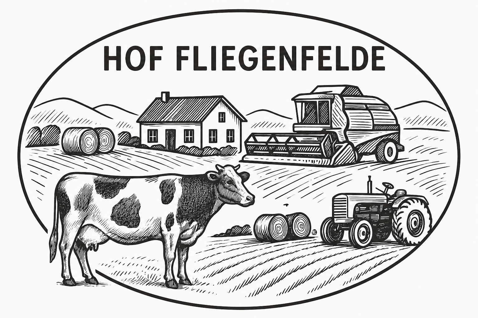 Logo Hof Fliegenfelde, sichtbar sind gezeichnet ein Haus, eine Kuh, ein Traktor, ein Mähdrescher, ein Feld und zwei Heuballen