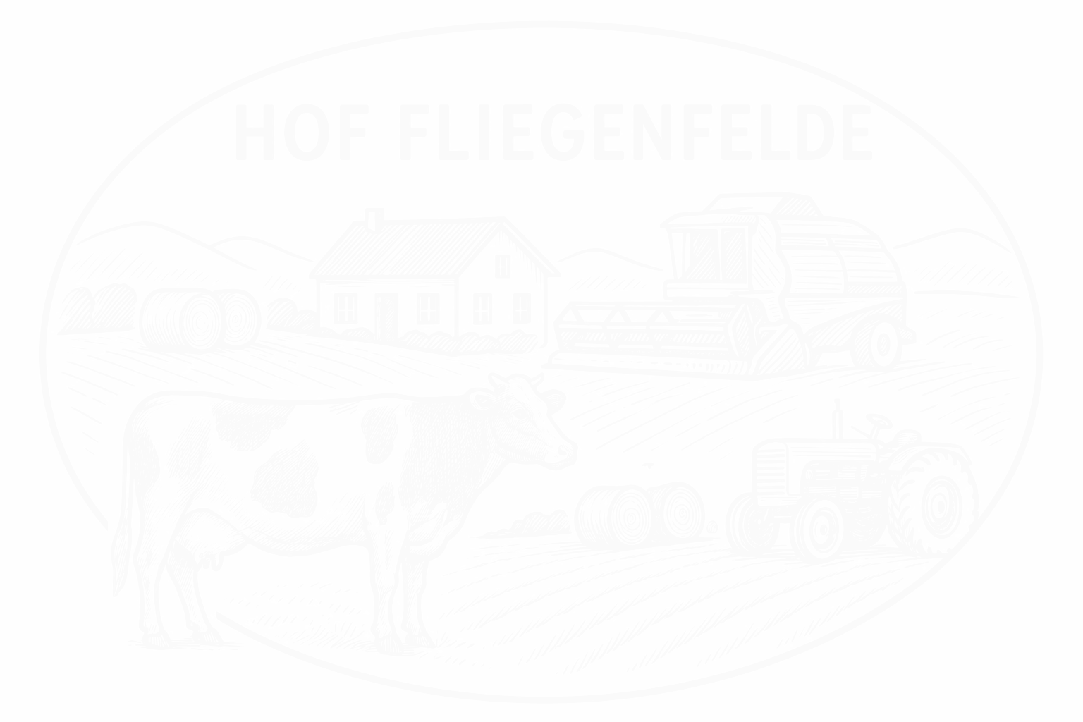 Logo Hof Fliegenfelde, sichtbar sind gezeichnet ein Haus, eine Kuh, ein Traktor, ein Mähdrescher, ein Feld und zwei Heuballen